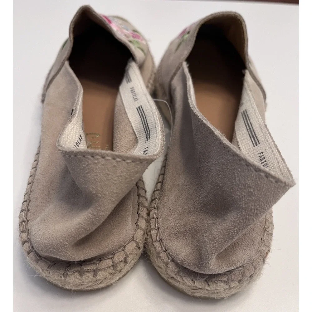 New FABIOLAS Sz 9 40 Espadrilles Suede Embroidered Flats Beige Tan Anthropologie
